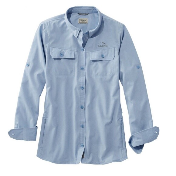 L.L. Bean Shirt Womens SZ LARGE No Fly Zone Long Roll Tab Sleeve Button Up Blue - Picture 1 of 10